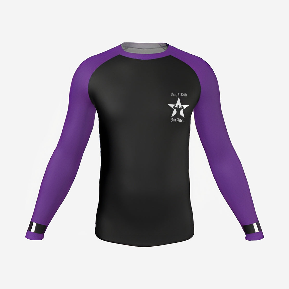 Purple belt Gunz & Rollz men's ranked rash guard, long sleeve, black body with purple sleeves, front view