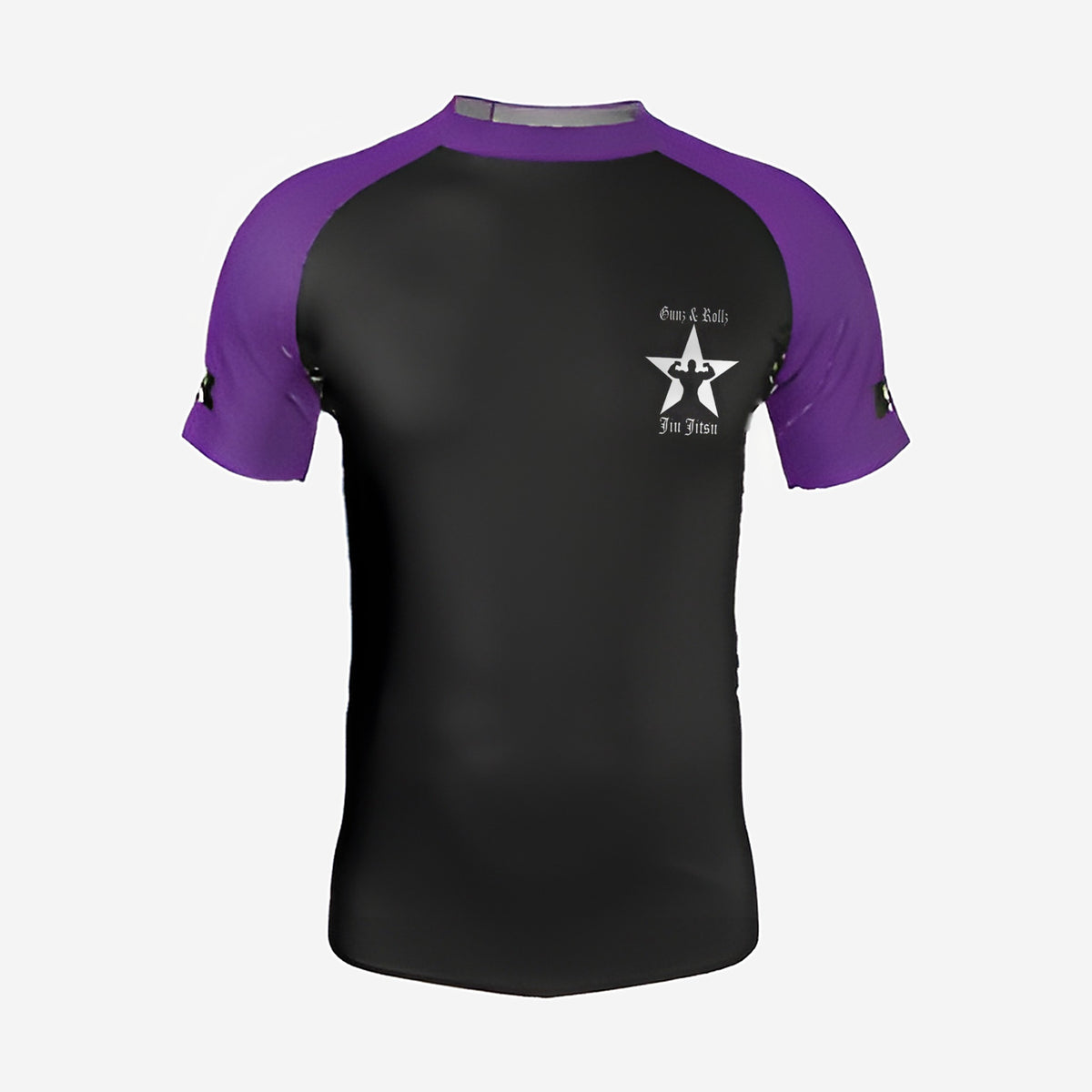 Purple belt Gunz & Rollz men's ranked rash guard, short sleeve, black body with purple sleeves, front view