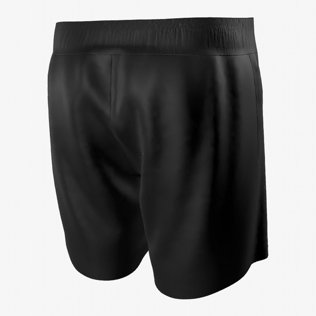 Gunz & Rollz men's ranked jiu jitsu shorts in all black with a small white star logo, three-quarter back view