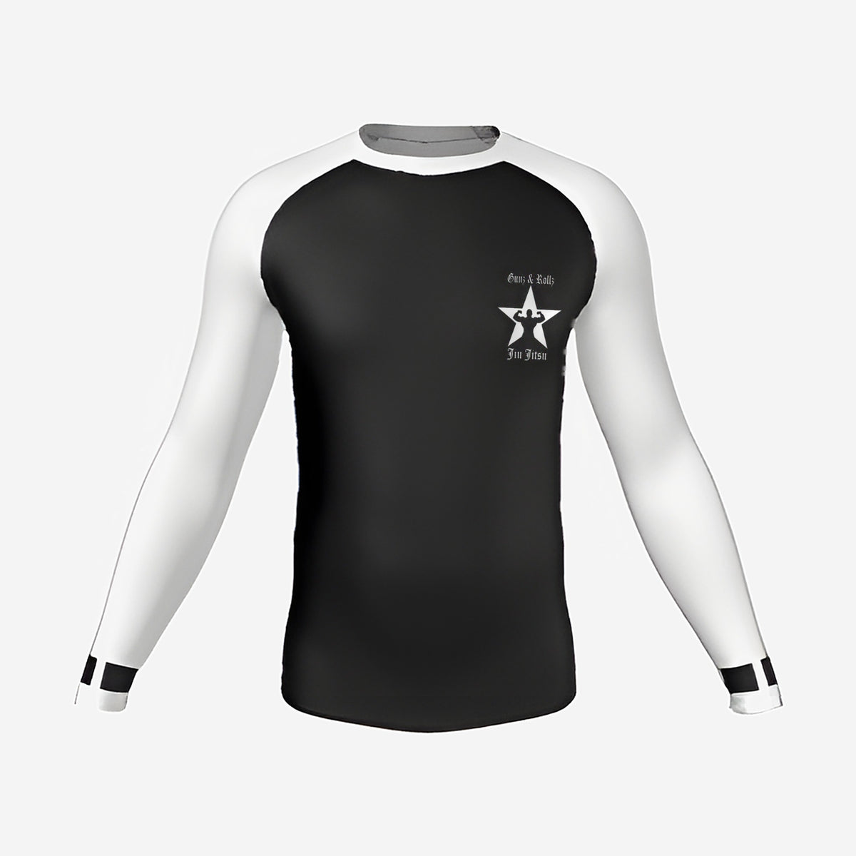 White belt Gunz & Rollz men's ranked rash guard, long sleeve, black body with white sleeves, front view