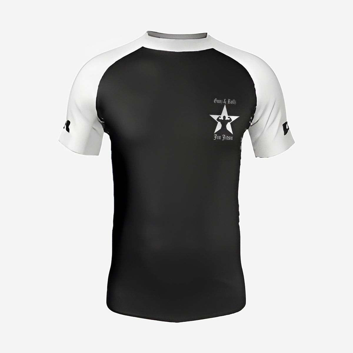 White belt Gunz & Rollz men's ranked rash guard, short sleeve, black body with white sleeves, front view