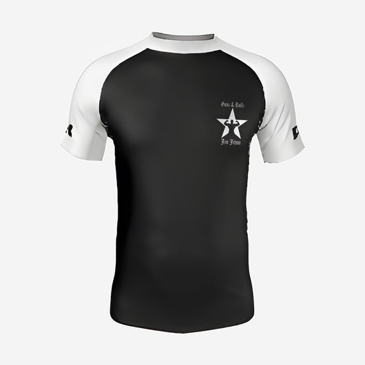 White belt Gunz & Rollz men's ranked rash guard, short sleeve, black body with white sleeves, front view