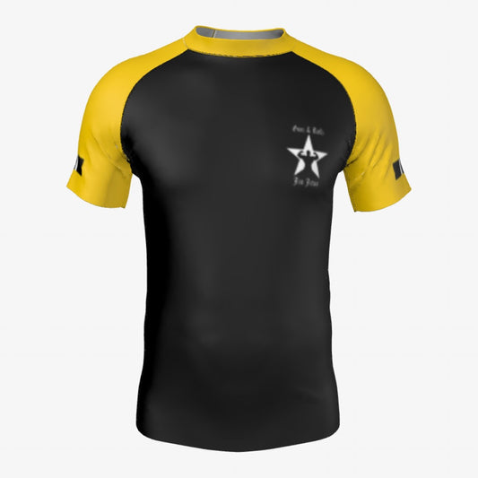 Yellow belt Gunz & Rollz men's ranked rash guard, short sleeve, black body with yellow sleeves, front view