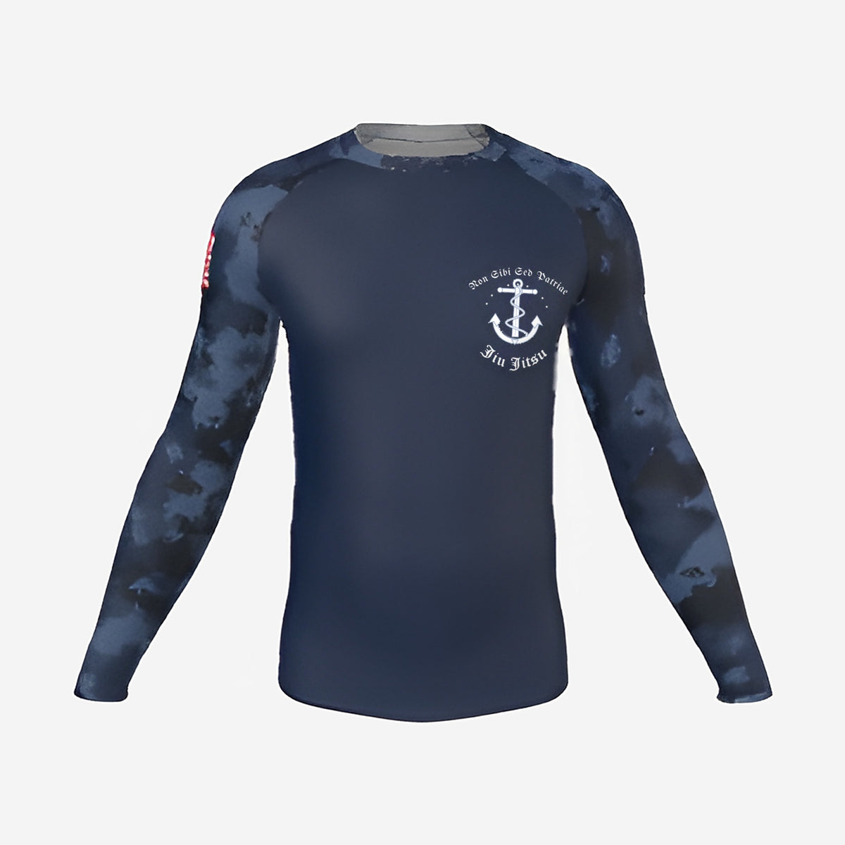 Navy camo jiu jitsu rash guard, long sleeve, navy blue body with blue digital camo sleeves, front view