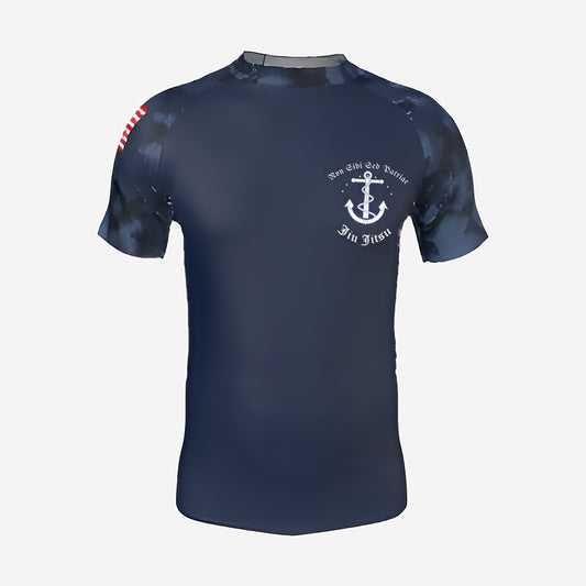 Navy camo jiu jitsu rash guard, short sleeve, navy blue body with blue digital camo sleeves, front view