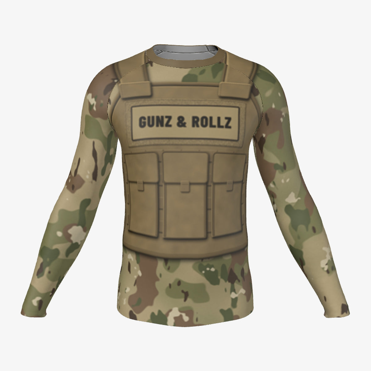 Men's Plate Carrier Tan Camo jiu jitsu rash guard, long sleeve, front