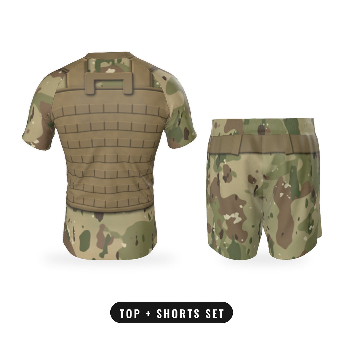 Men's Plate Carrier Tan Camo jiu jitsu matching set, back of the rash guard and shorts together