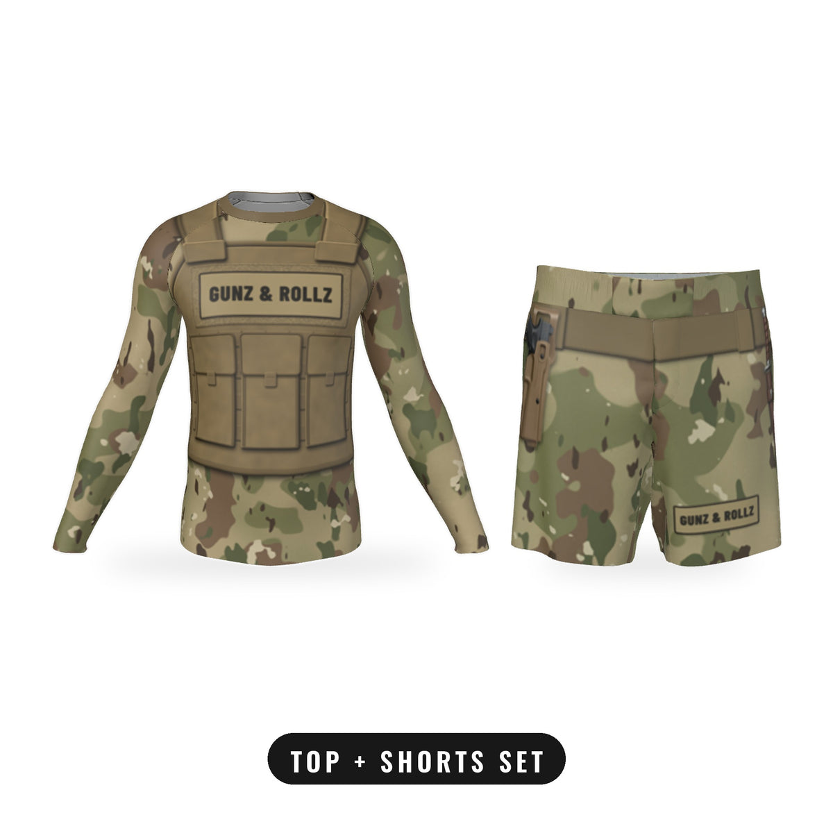 Men's Plate Carrier Tan Camo jiu jitsu matching set, long sleeve rash guard and shorts together
