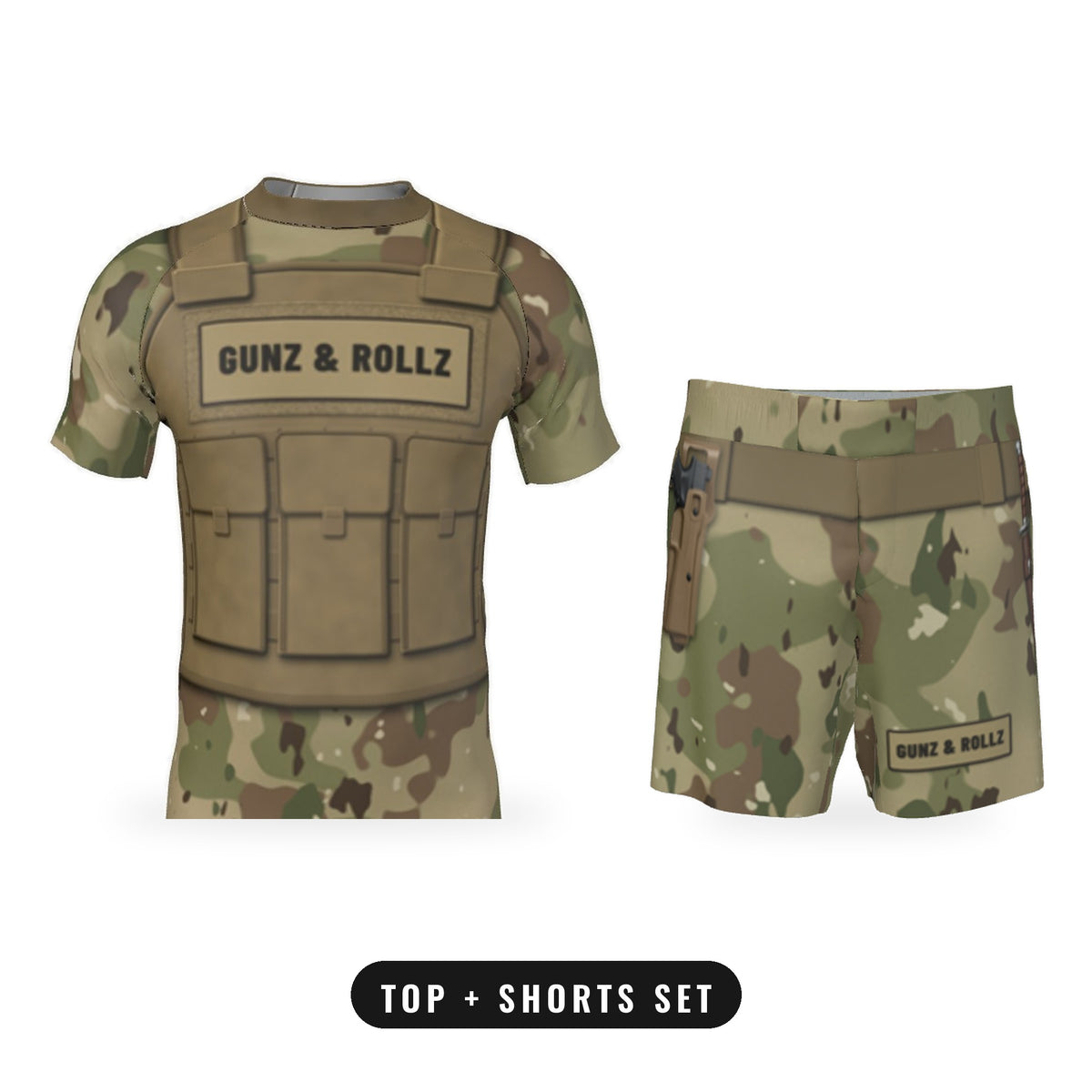 Men's Plate Carrier Tan Camo jiu jitsu matching set, short sleeve rash guard and shorts together