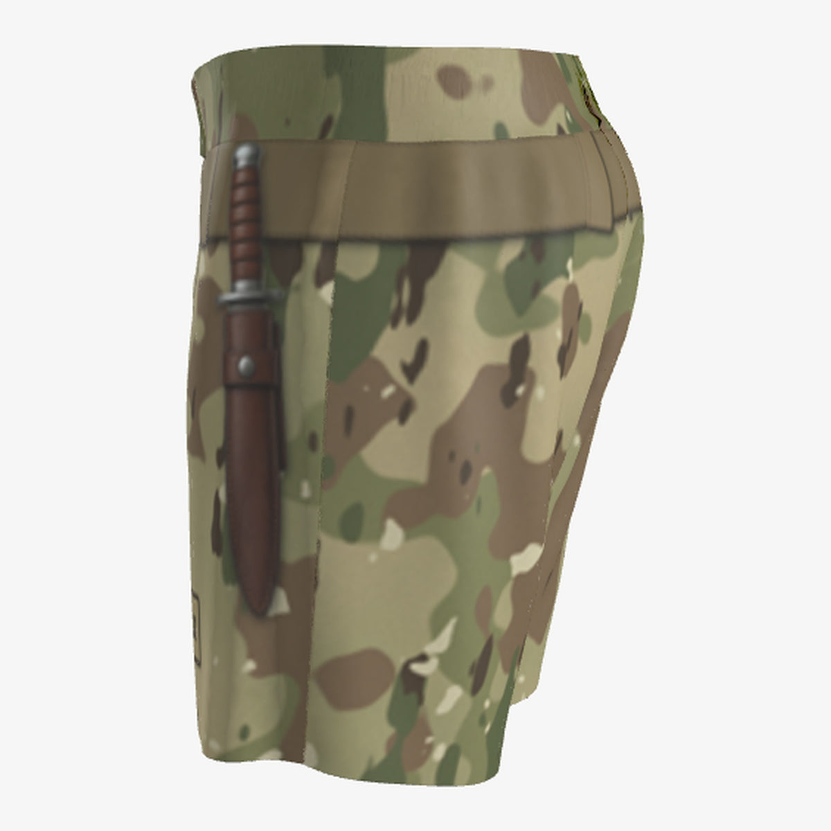 Men's Plate Carrier Tan Camo jiu jitsu grappling shorts, side view with holster