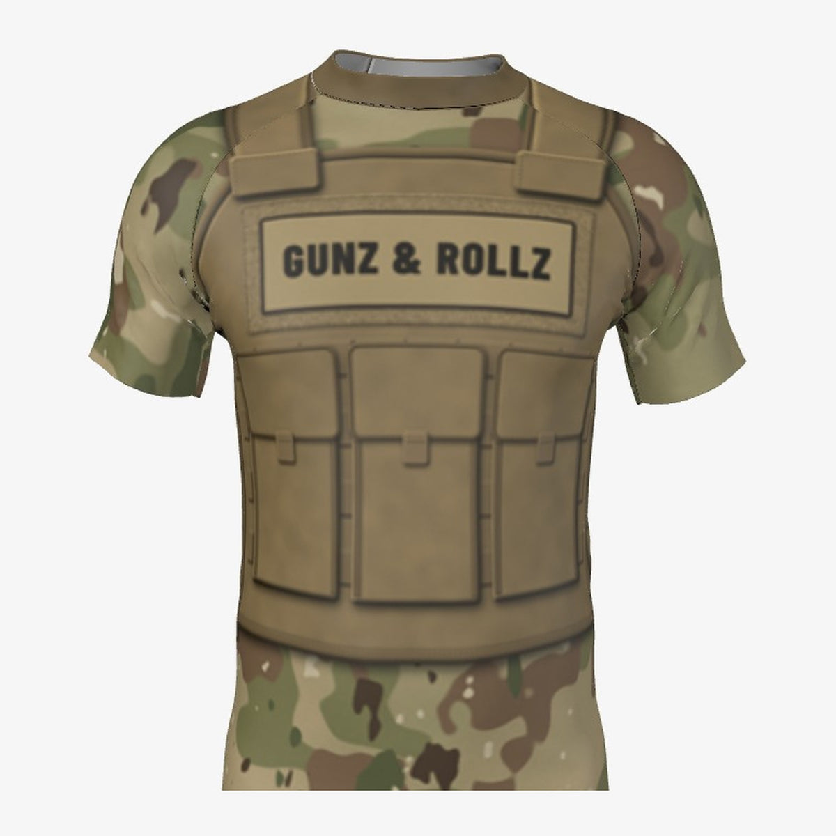 Men's Plate Carrier Tan Camo jiu jitsu rash guard, short sleeve, front