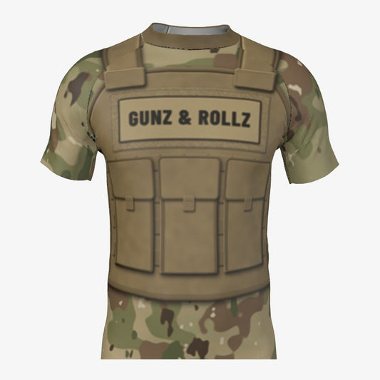 Men's Plate Carrier Tan Camo jiu jitsu rash guard, short sleeve, front