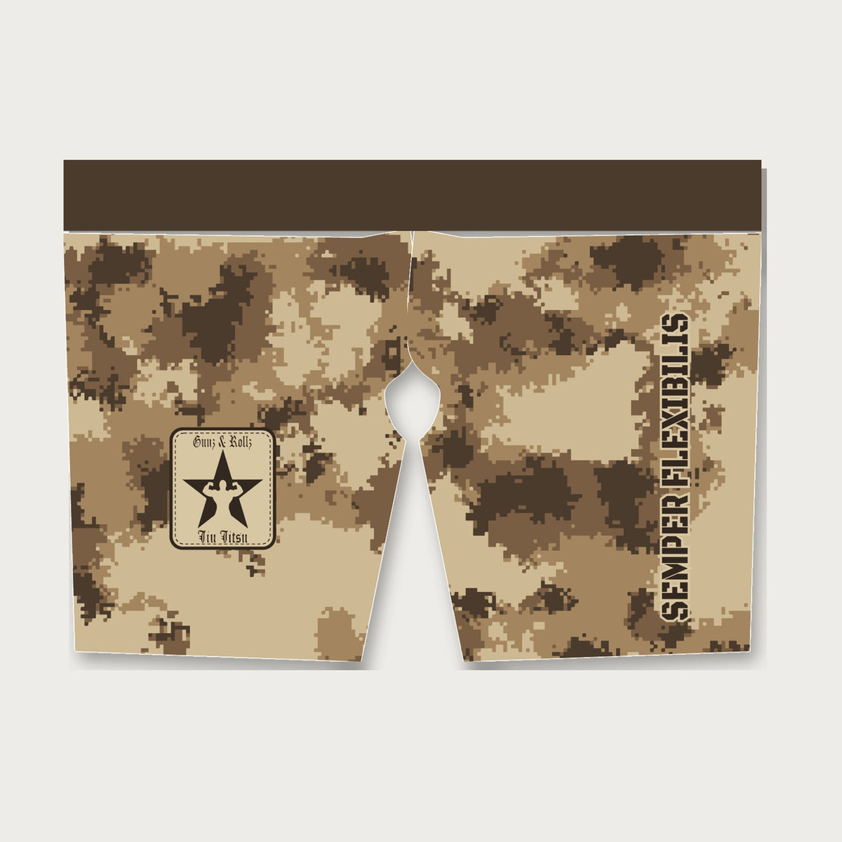 Semper Flexibilis desert digital camo men's grappling shorts by Gunz & Rollz, sand, coyote and brown desert digital camo with dark brown waistband, Gunz & Rollz star patch and SEMPER FLEXIBILIS down the leg, front view