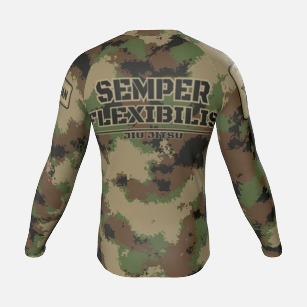 Men's Semper Flexibilis Woodland digital camo rash guard, long sleeve, back
