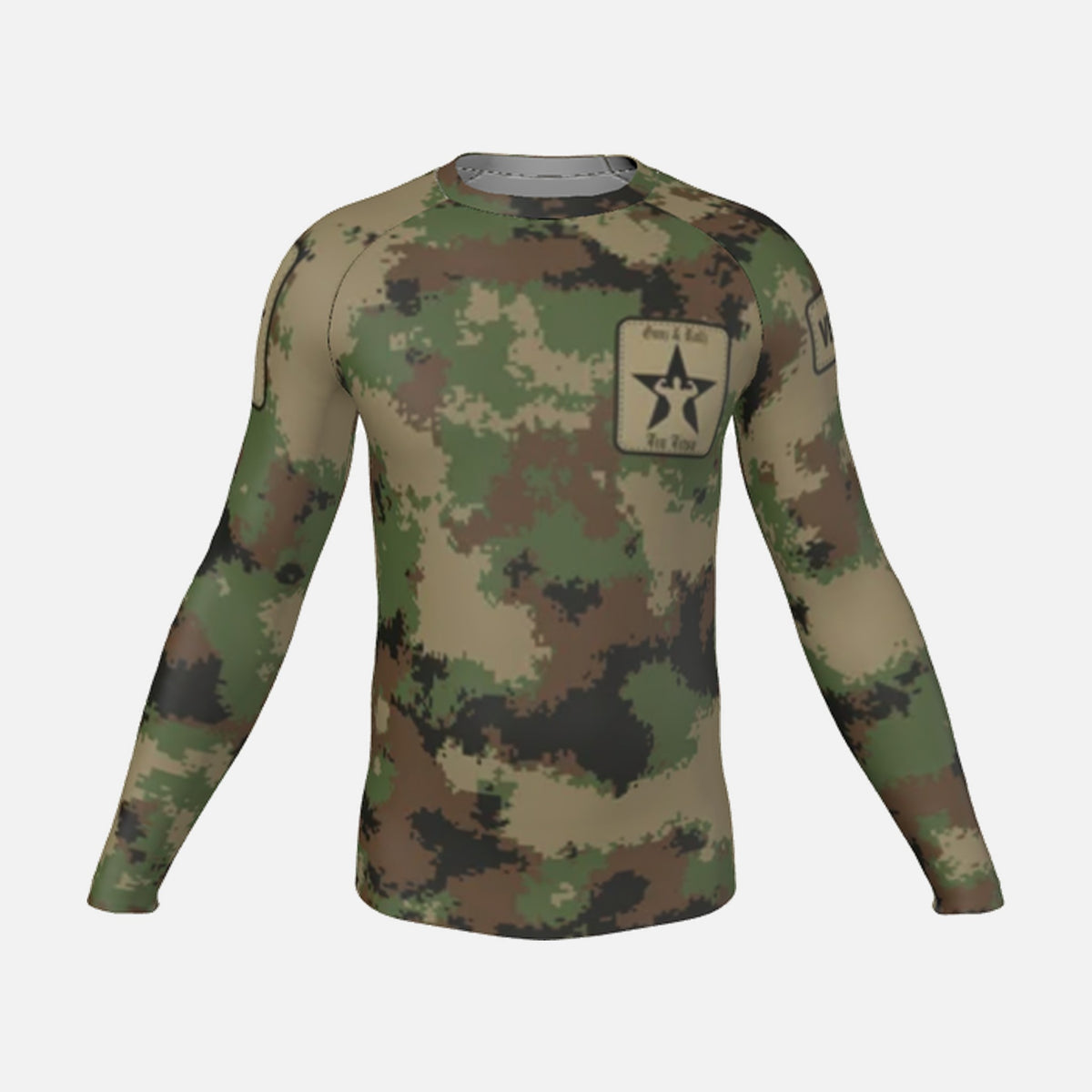 Men's Semper Flexibilis Woodland digital camo rash guard, long sleeve, front