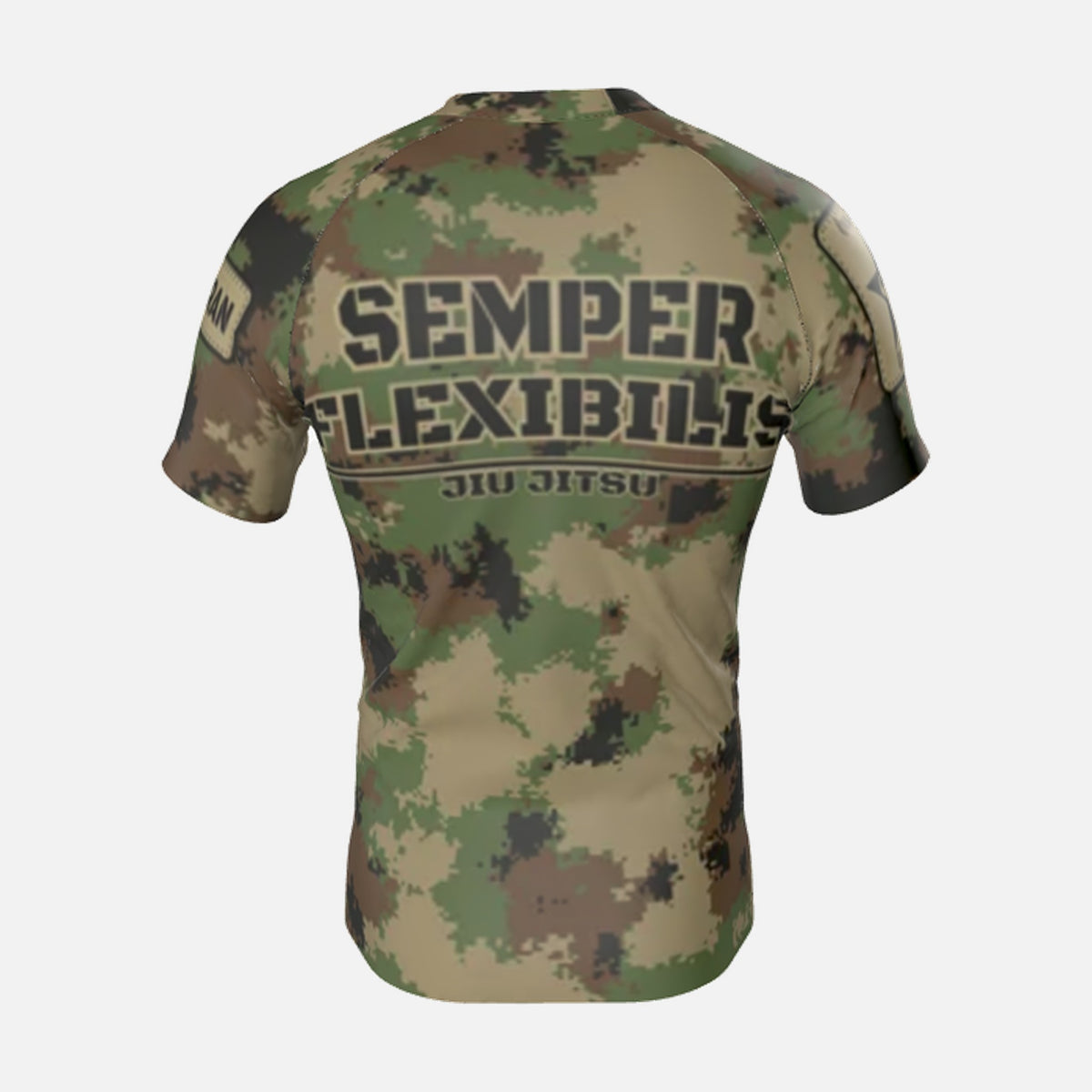 Men's Semper Flexibilis Woodland digital camo rash guard, short sleeve, back