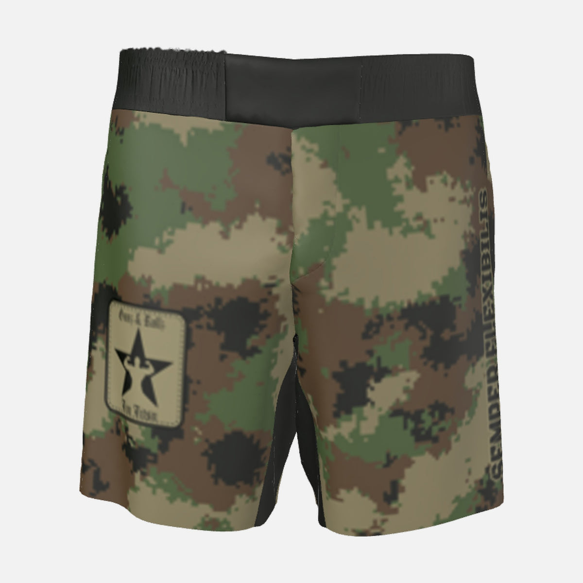 Men's Semper Flexibilis Woodland digital camo grappling shorts, front
