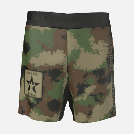 Men's Semper Flexibilis Woodland digital camo grappling shorts, front