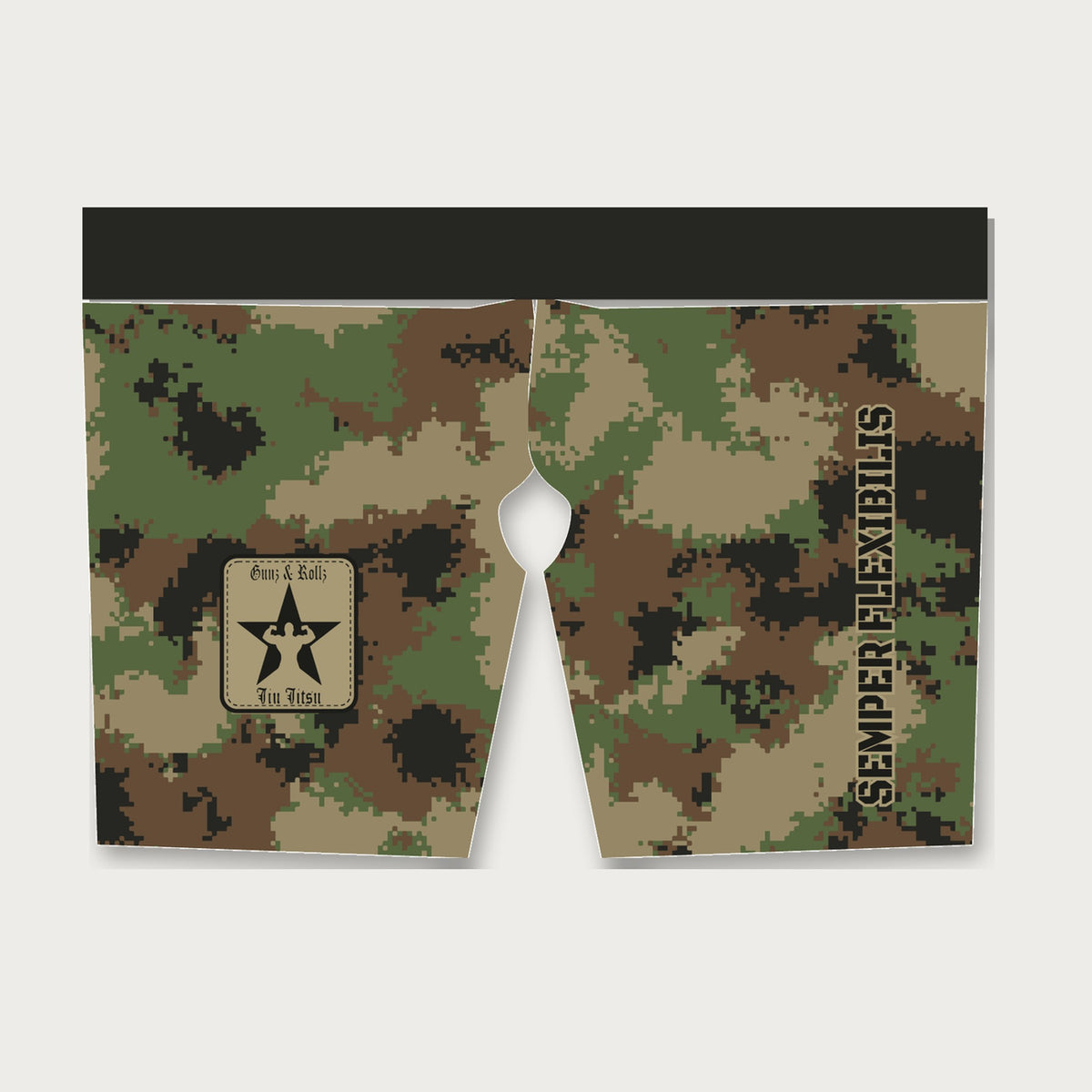 Semper Flexibilis woodland digital camo men's grappling shorts by Gunz & Rollz, green, brown, coyote and black woodland digital camo with black waistband, Gunz & Rollz star patch and SEMPER FLEXIBILIS down the leg, front view
