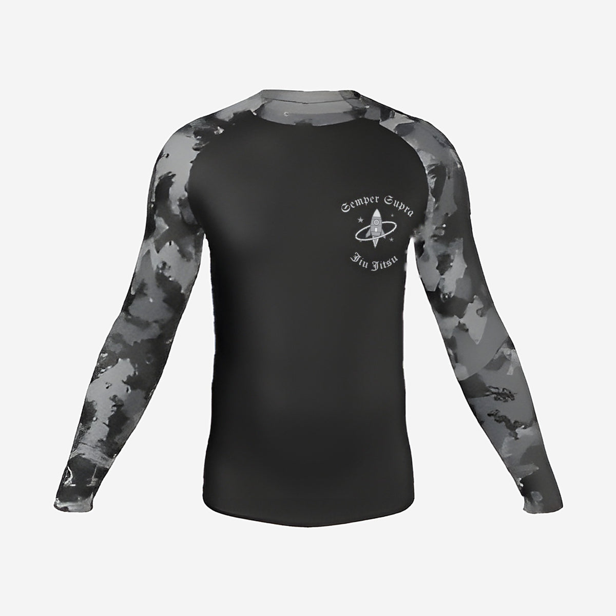 Space Force camo jiu jitsu rash guard, long sleeve, black body with gray camo sleeves, front view