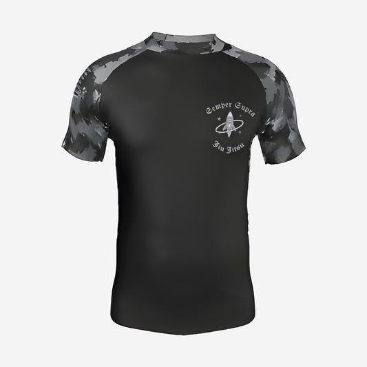 Space Force camo jiu jitsu rash guard, short sleeve, black body with gray camo sleeves, front view