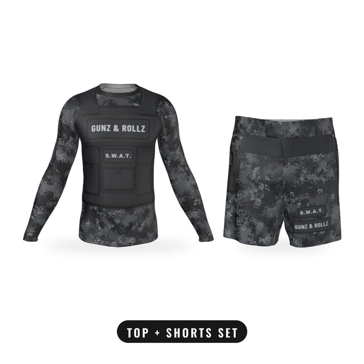 Men's S.W.A.T. Plate Carrier Black Camo jiu jitsu matching set, long sleeve rash guard and shorts together