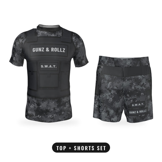 Men's S.W.A.T. Plate Carrier Black Camo jiu jitsu matching set, short sleeve rash guard and shorts together