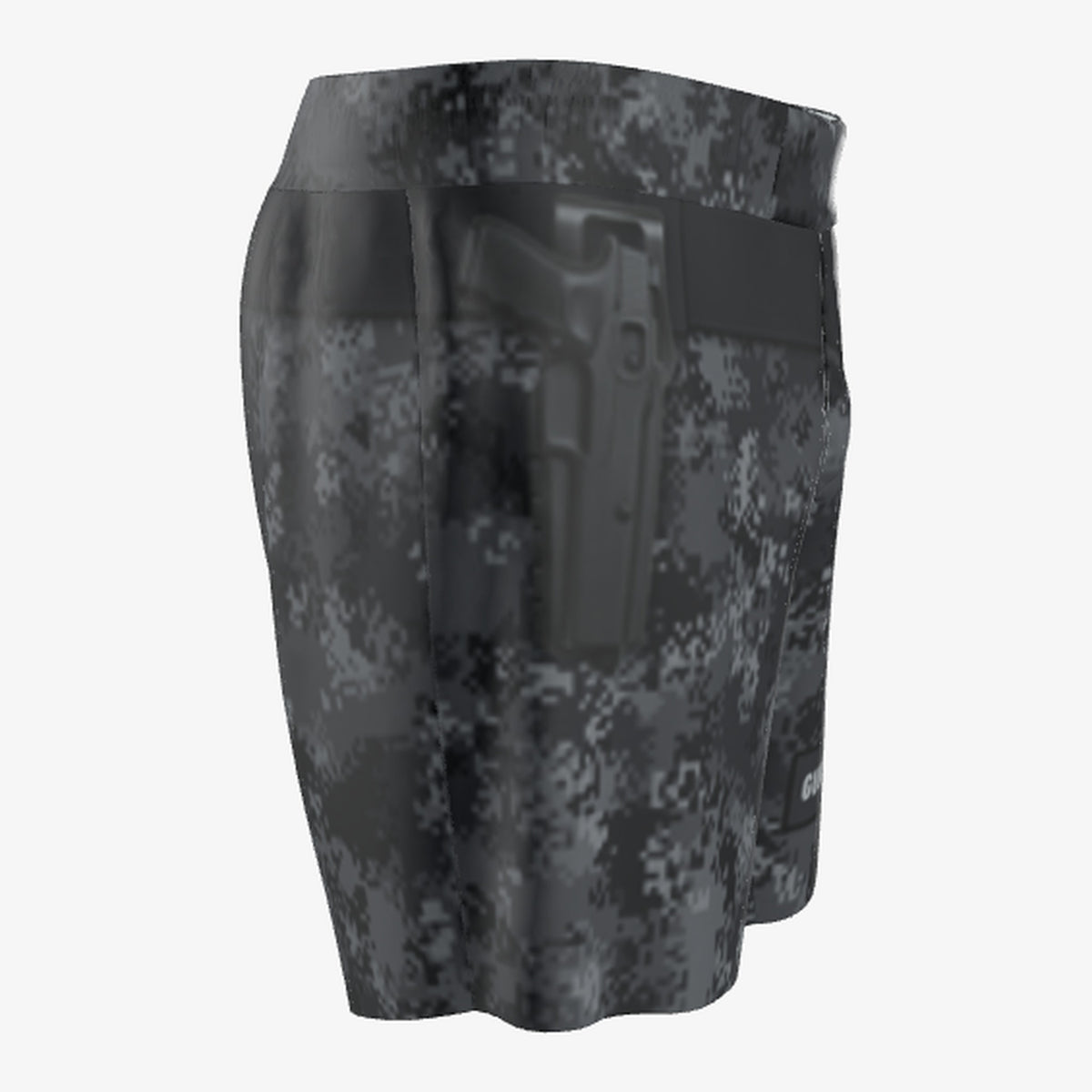 Men's S.W.A.T. Plate Carrier Black Camo jiu jitsu grappling shorts, side view with holster