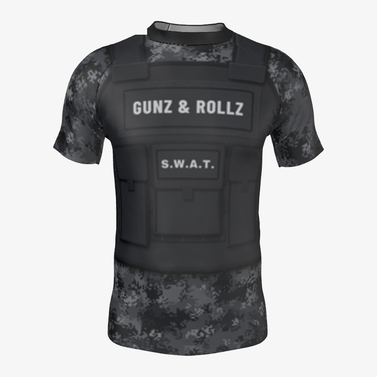 Men's S.W.A.T. Plate Carrier Black Camo jiu jitsu rash guard, short sleeve, front