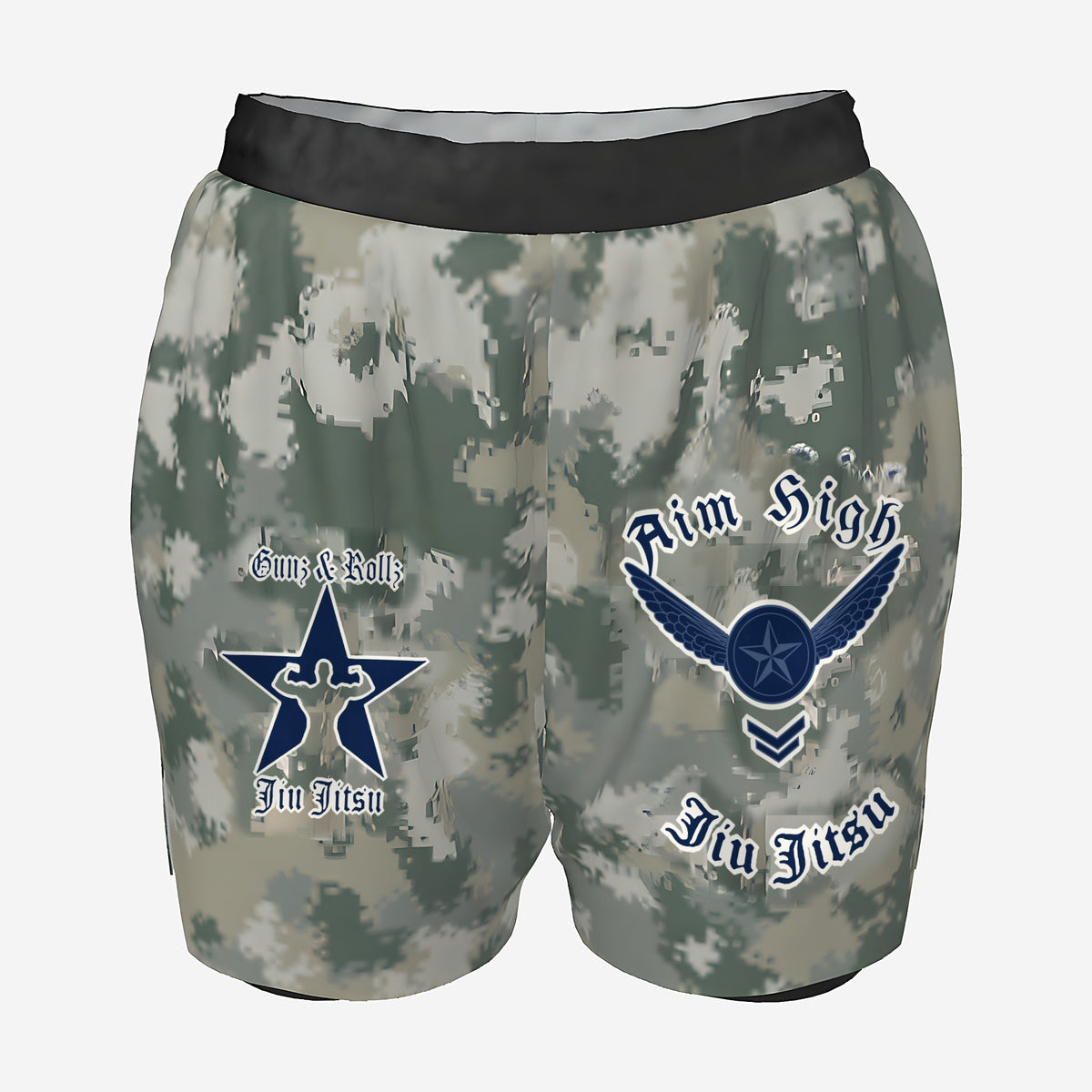 Women's Air Force camo grappling shorts by Gunz & Rollz with black waistband and compression liner, Air Force-inspired Jiu Jitsu logo and Gunz & Rollz star logo