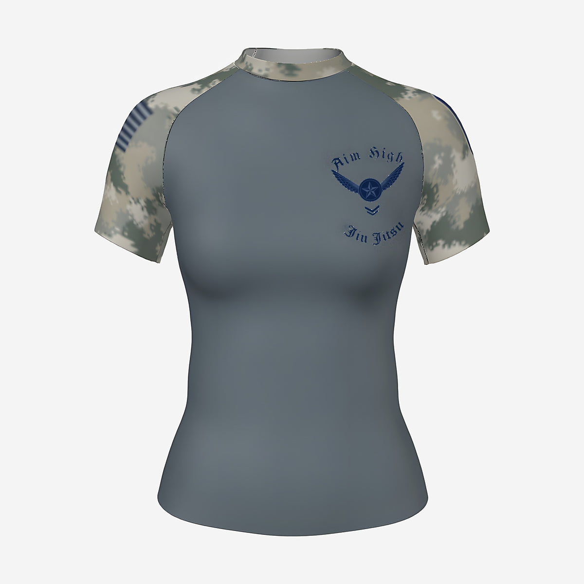 Women's Air Force camo BJJ rash guard by Gunz & Rollz, short sleeve, slate gray body with digital camo sleeves, front view