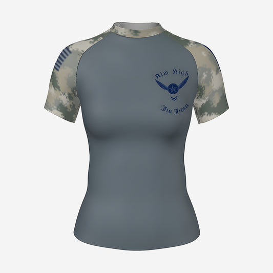 Women's Air Force camo BJJ rash guard by Gunz & Rollz, short sleeve, slate gray body with digital camo sleeves, front view