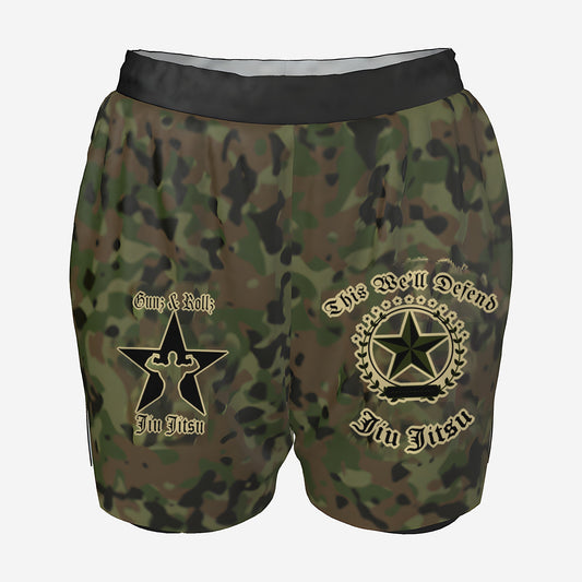 Women's Army camo grappling shorts by Gunz & Rollz with black waistband and compression liner, Army-inspired Jiu Jitsu logo and Gunz & Rollz star logo
