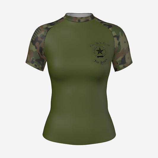 Women's Army camo BJJ rash guard by Gunz & Rollz, short sleeve, olive green body with woodland camo sleeves, front view