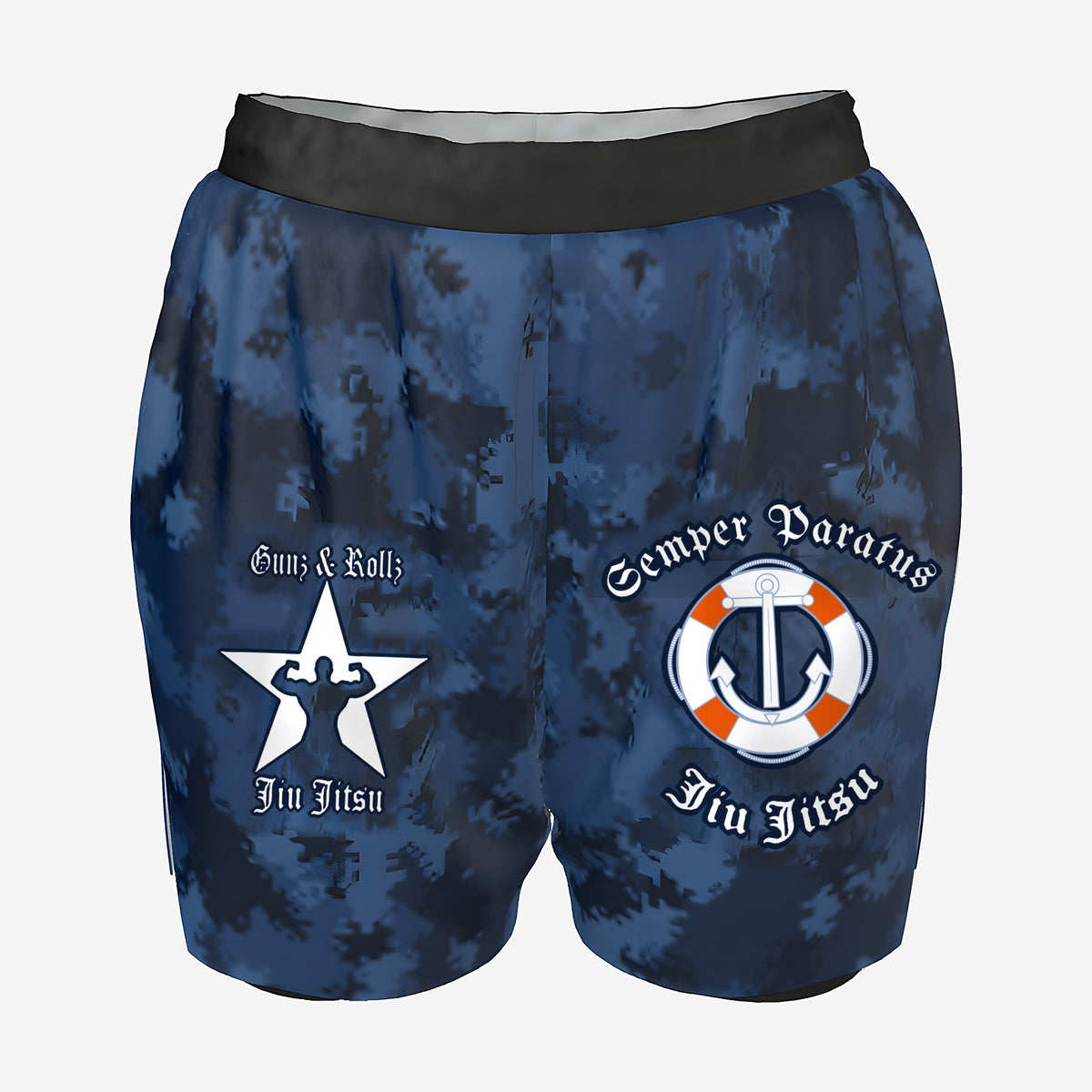 Women's Coast Guard camo grappling shorts by Gunz & Rollz with black waistband and compression liner, Coast Guard-inspired Jiu Jitsu logo and Gunz & Rollz star logo