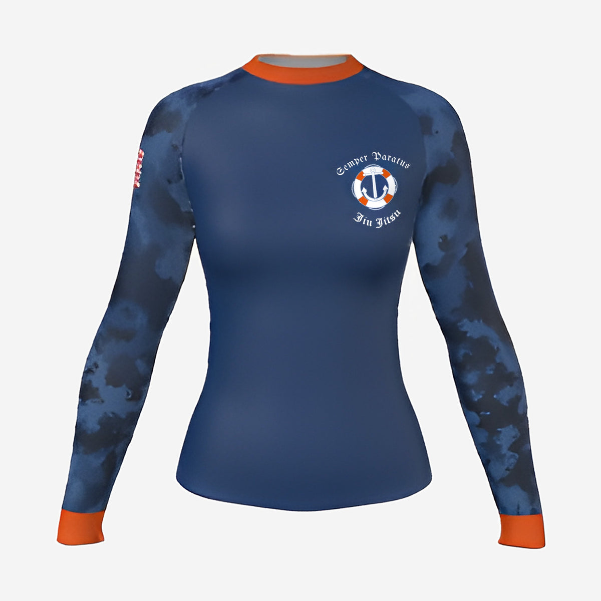 Women's Coast Guard camo BJJ rash guard by Gunz & Rollz, long sleeve, blue body with blue camo sleeves and orange collar and cuffs, front view