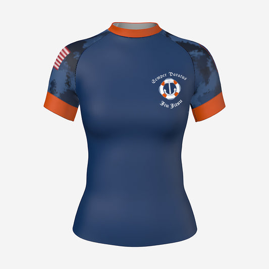 Women's Coast Guard camo BJJ rash guard by Gunz & Rollz, short sleeve, blue body with blue camo sleeves and orange collar and cuffs, front view