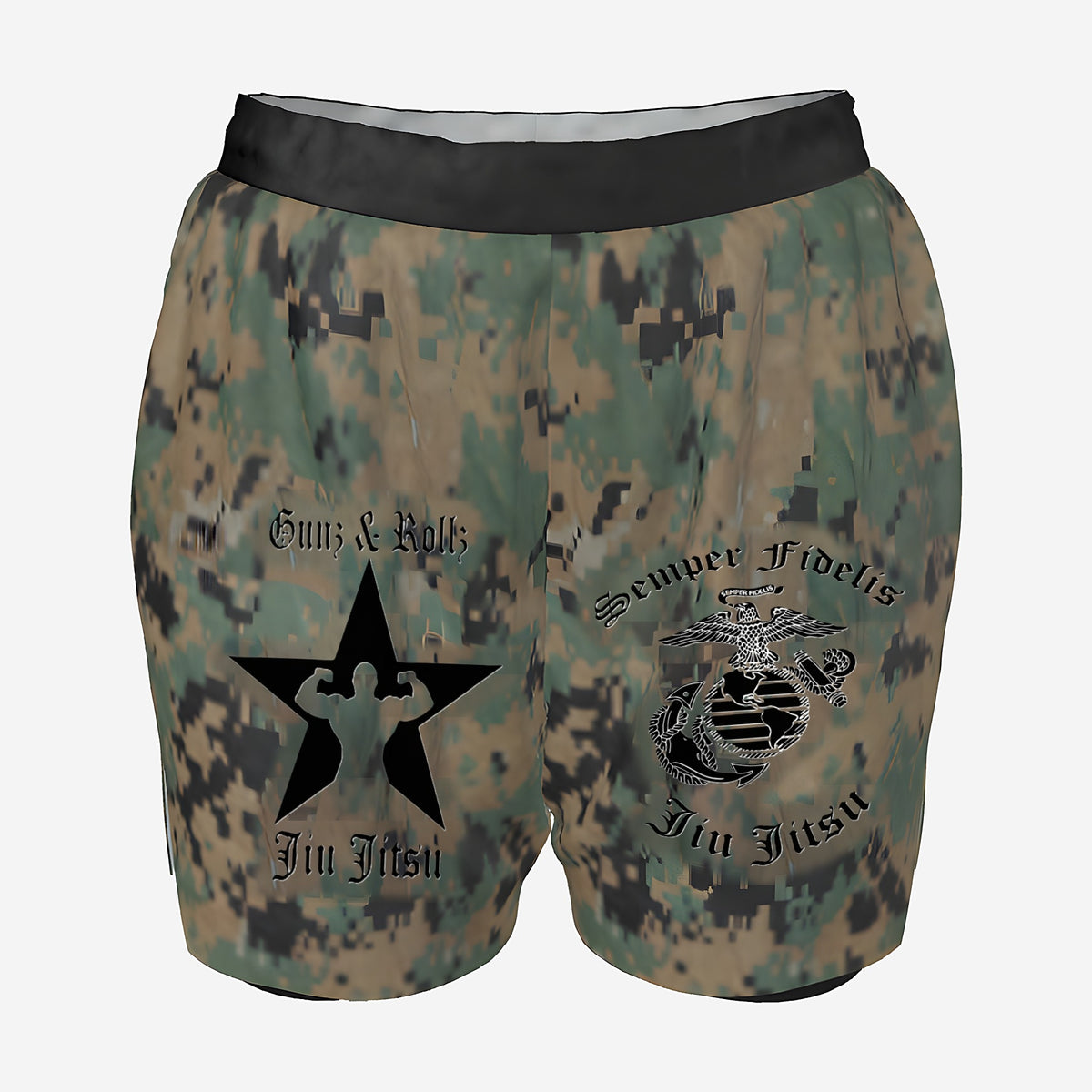 Women's Marine Corps camo grappling shorts by Gunz & Rollz with black waistband and compression liner, Marine Corps-inspired Jiu Jitsu logo and Gunz & Rollz star logo