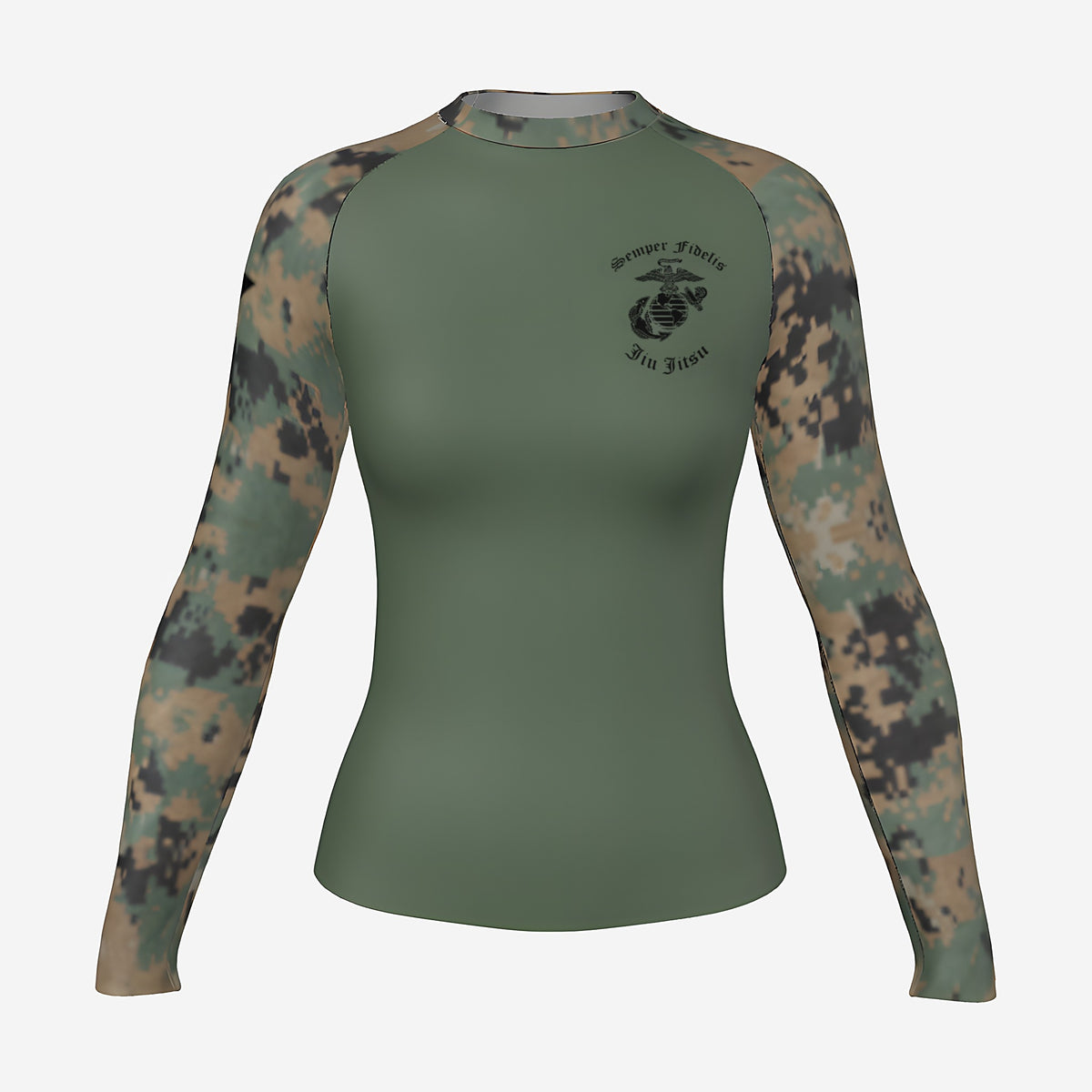 Women's Marine Corps camo BJJ rash guard by Gunz & Rollz, long sleeve, olive green body with digital woodland camo sleeves, front view