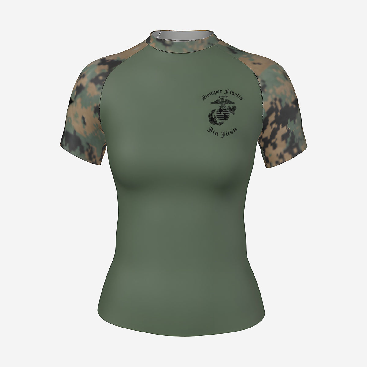 Women's Marine Corps camo BJJ rash guard by Gunz & Rollz, short sleeve, olive green body with digital woodland camo sleeves, front view