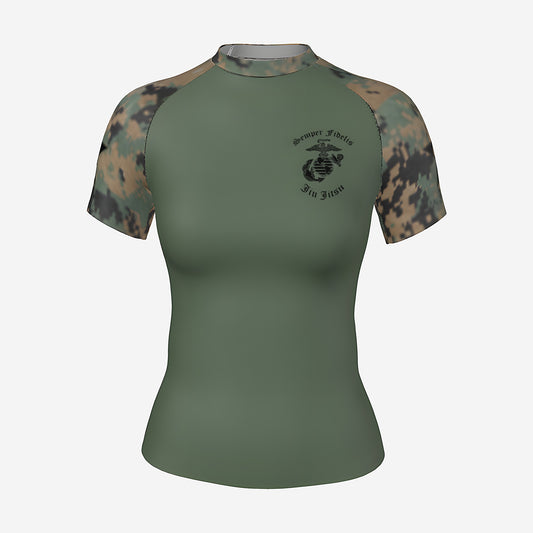 Women's Marine Corps camo BJJ rash guard by Gunz & Rollz, short sleeve, olive green body with digital woodland camo sleeves, front view