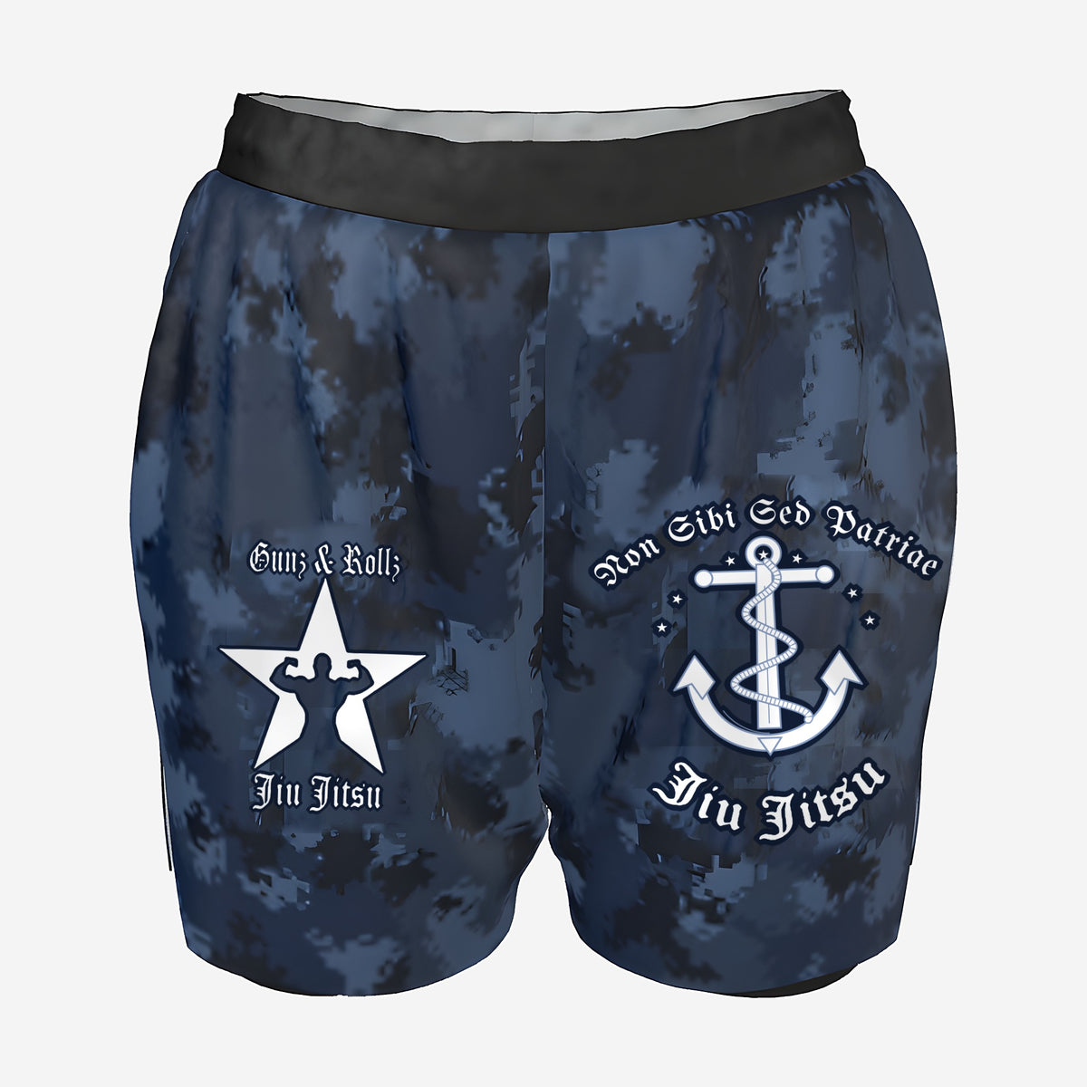 Women's Navy camo grappling shorts by Gunz & Rollz with black waistband and compression liner, Navy-inspired Jiu Jitsu logo and Gunz & Rollz star logo
