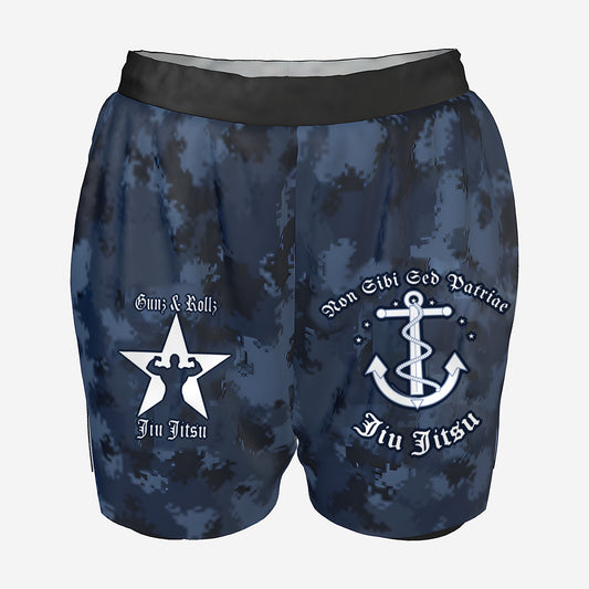 Women's Navy camo grappling shorts by Gunz & Rollz with black waistband and compression liner, Navy-inspired Jiu Jitsu logo and Gunz & Rollz star logo