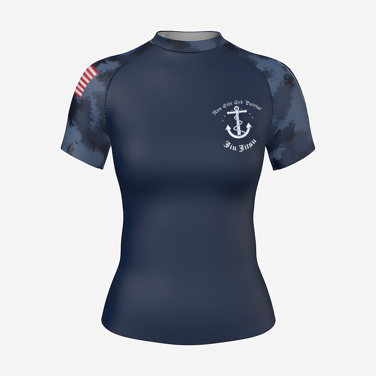 Women's Navy camo BJJ rash guard by Gunz & Rollz, short sleeve, navy blue body with blue digital camo sleeves, front view