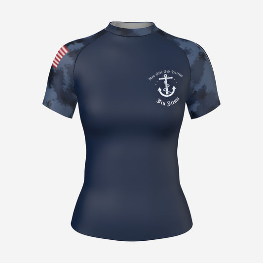 Women's Navy camo BJJ rash guard by Gunz & Rollz, short sleeve, navy blue body with blue digital camo sleeves, front view