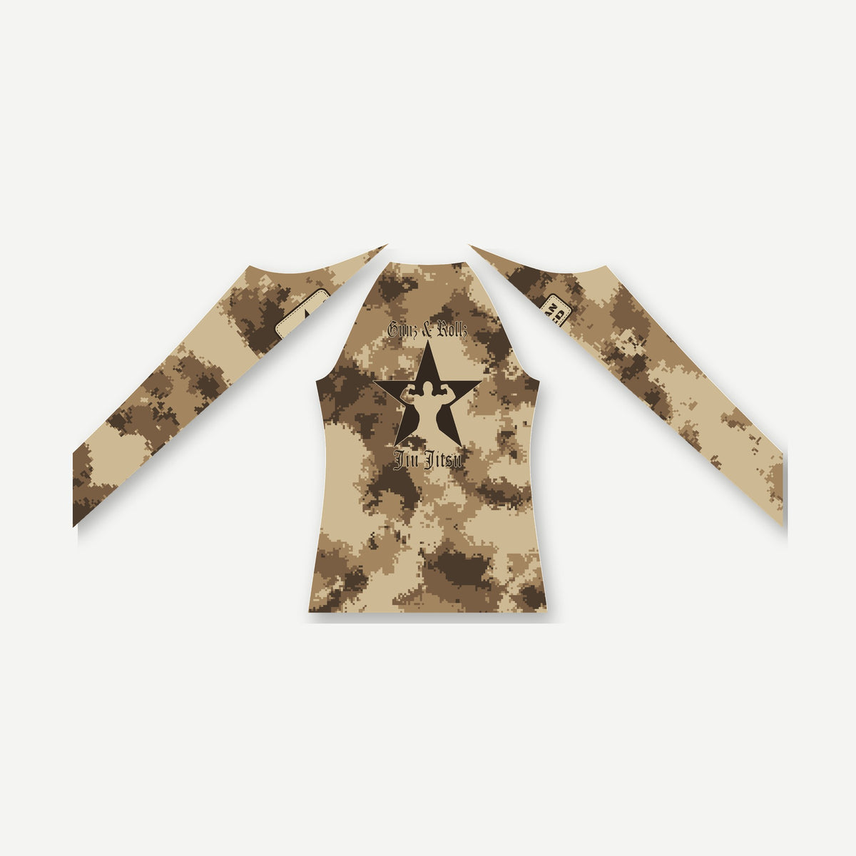 Semper Flexibilis desert digital camo jiu jitsu rash guard by Gunz & Rollz, women's long sleeve, sand, coyote and brown desert digital camo with the large Gunz & Rollz star Jiu Jitsu mark on the upper back, back view