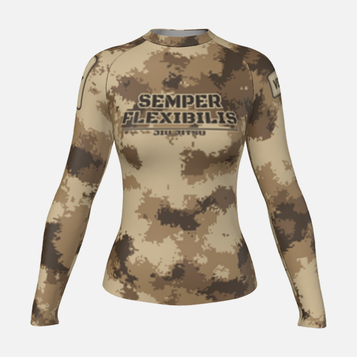 Women's Semper Flexibilis Desert digital camo rash guard, long sleeve, front