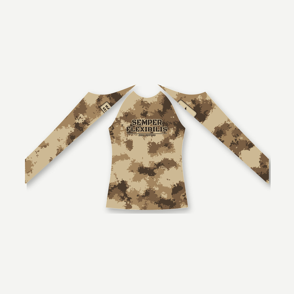 Semper Flexibilis desert digital camo jiu jitsu rash guard by Gunz & Rollz, women's long sleeve, sand, coyote and brown desert digital camo with the SEMPER FLEXIBILIS JIU JITSU wordmark across the chest, front view