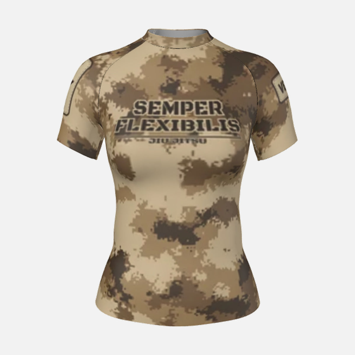 Women's Semper Flexibilis Desert digital camo rash guard, short sleeve, front