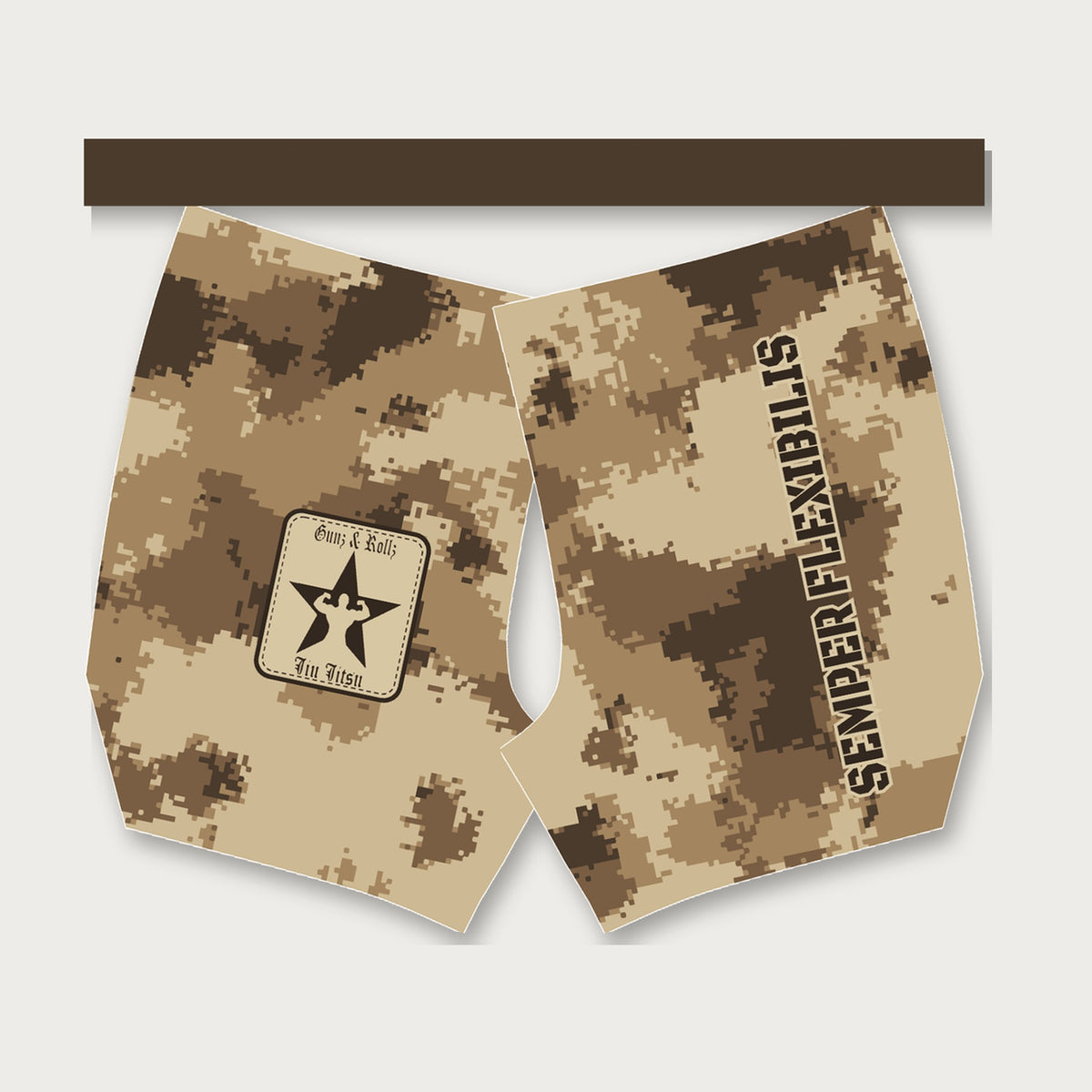 Semper Flexibilis desert digital camo women's 2-in-1 grappling shorts with compression liner by Gunz & Rollz, sand, coyote and brown desert digital camo with dark brown waistband, Gunz & Rollz star patch and SEMPER FLEXIBILIS down the leg, front view